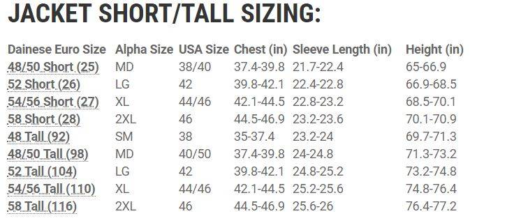 Dainese Jacket Size Chart
